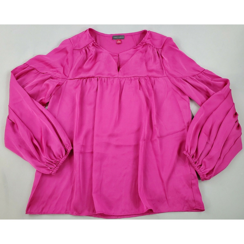 Vince Camuto Pink Rumpled Peasant Blouse Split Neck Long Sleeve Top S NEW